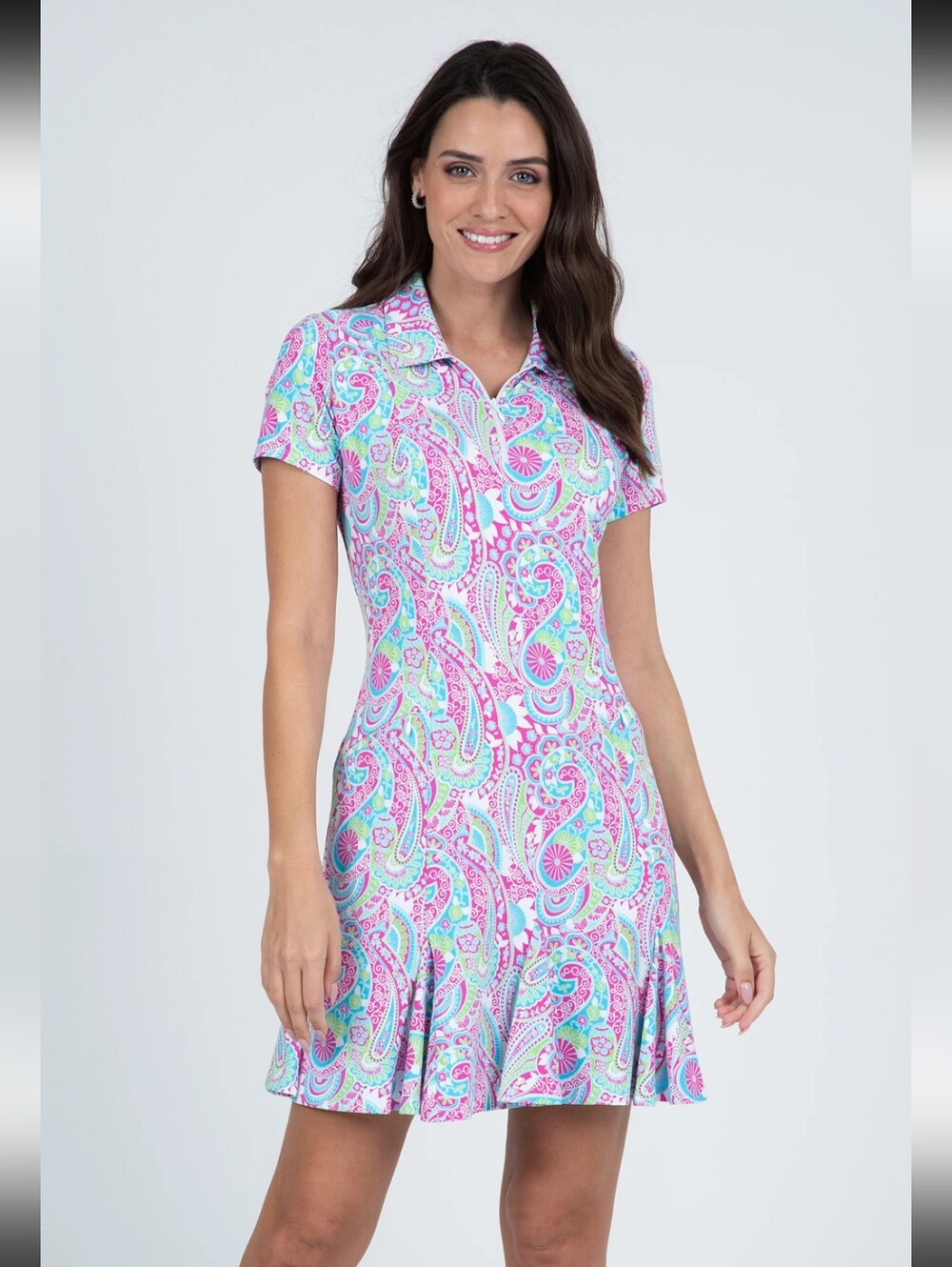IBKUL Golf Pickellball UPF50+ Green & Pink Multi Short Sleeve Godet Dress Large
